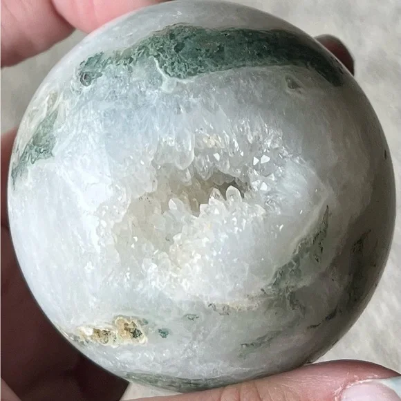 Moss Agate Sphere w/ Heart-Shaped Druzy Pocket - Picture 6 of 17